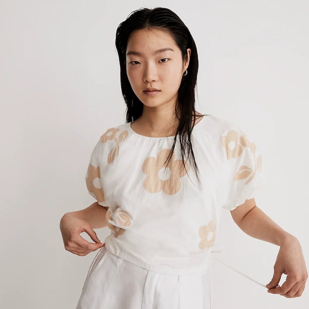 Madewell Embroidered Poplin Puff-Sleeve Cutout Crop Top (Size XXS)